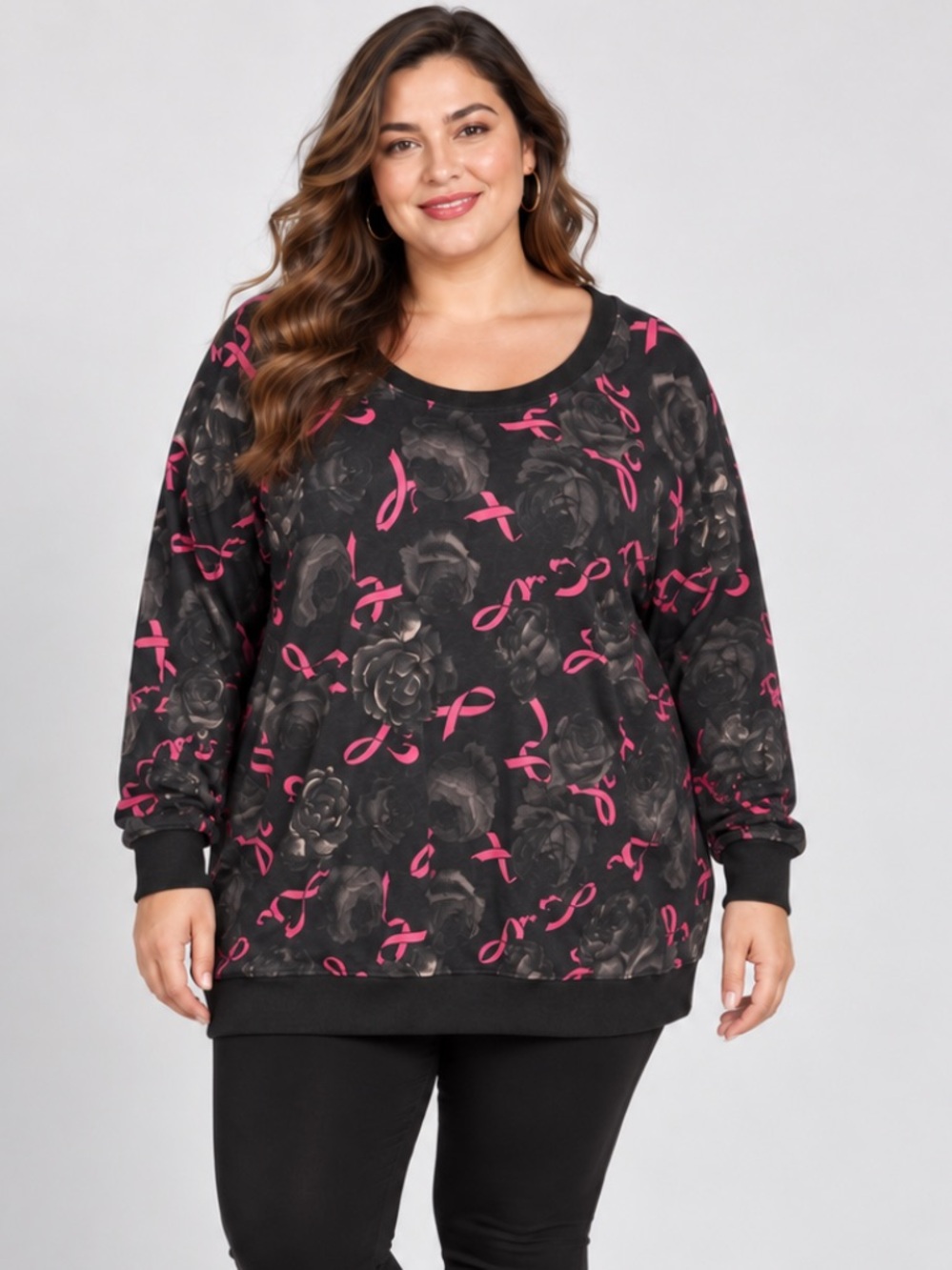 NWT Torrid Floral Breast Cancer Awareness Crewneck Pullover Sweatshirt Black 3X